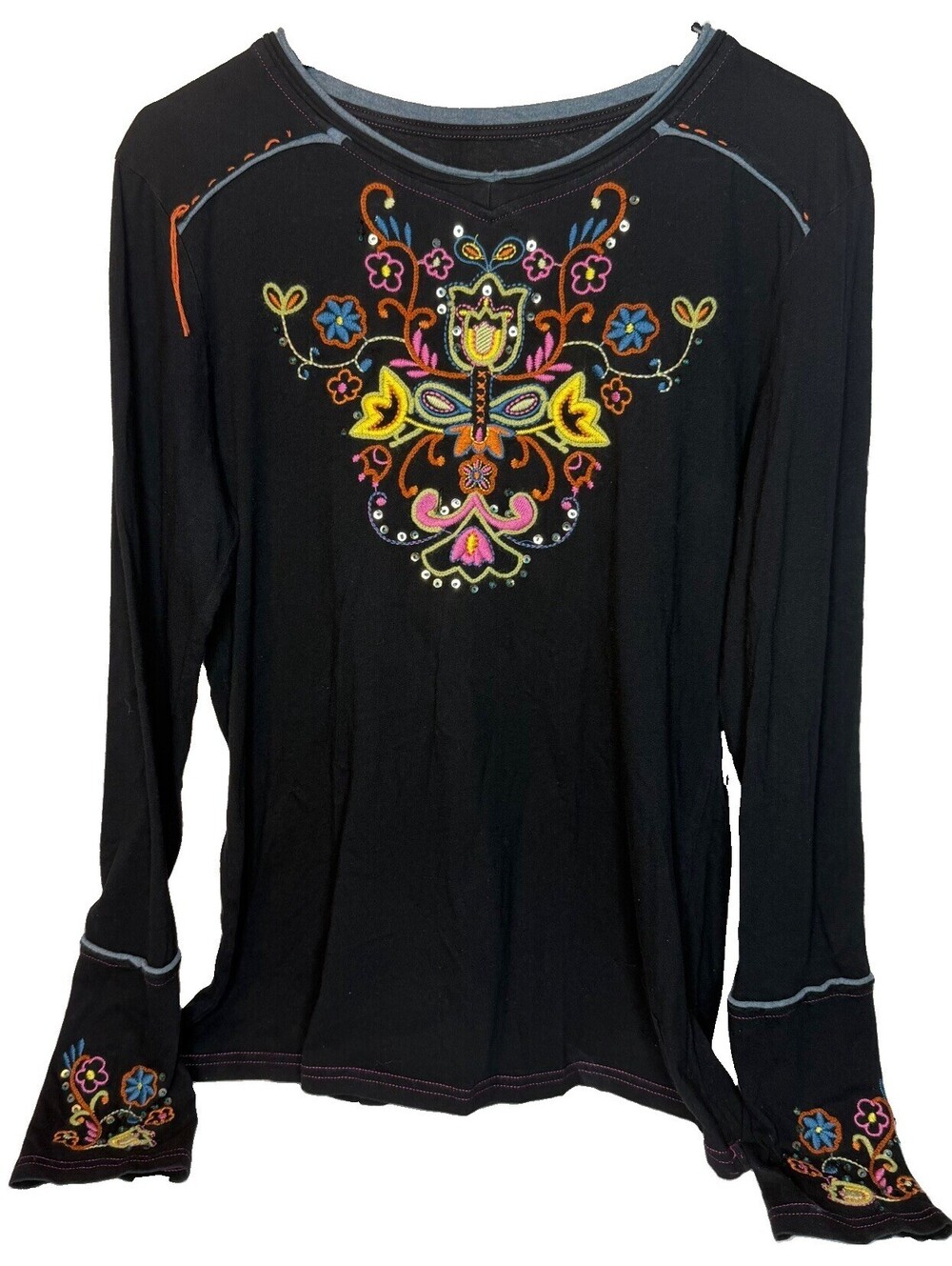 Double D Ranch DDR Embroidered Top L Black Floral Western Boho Long Sleeve Vtg